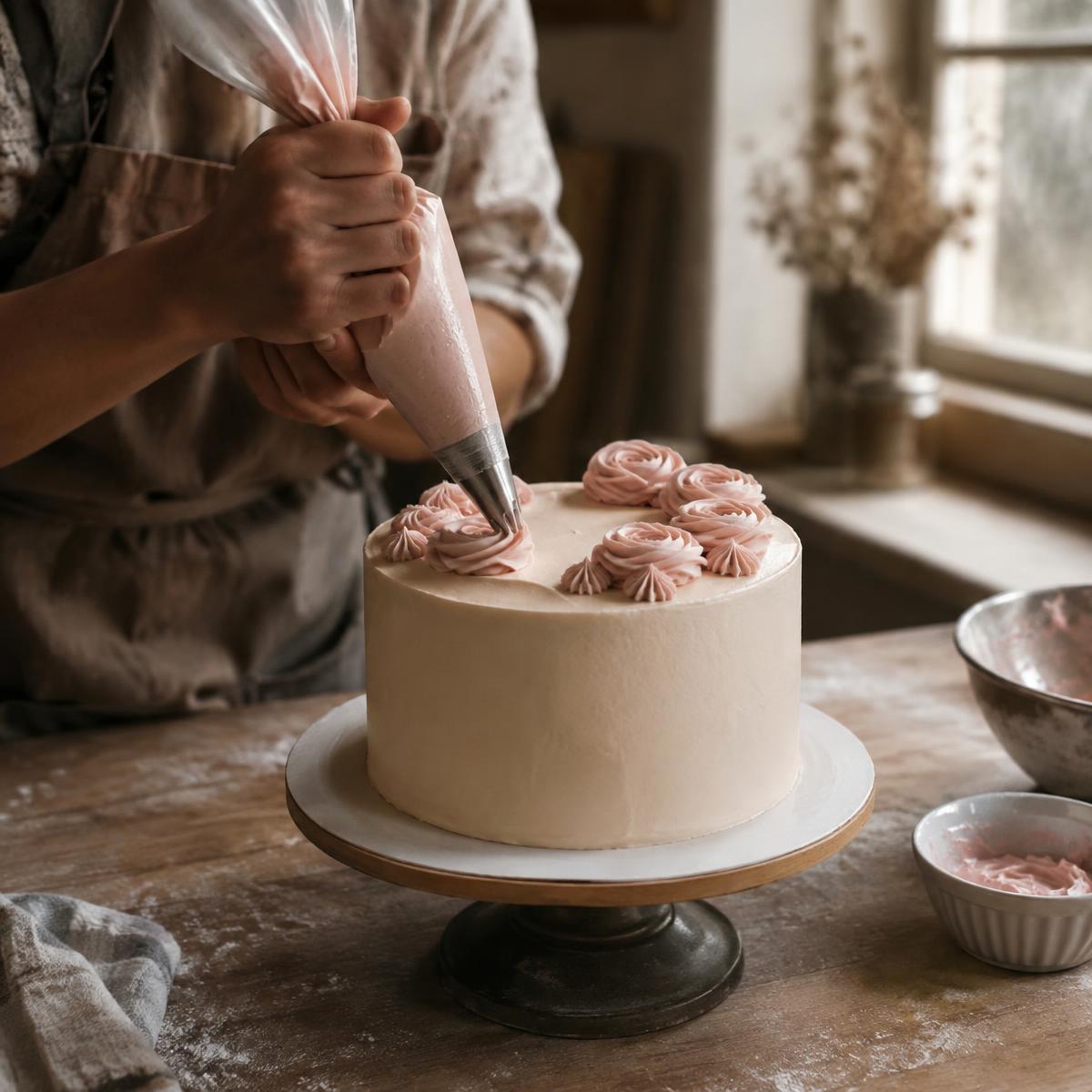 A baker piping blush buttercream rosettes onto a cake