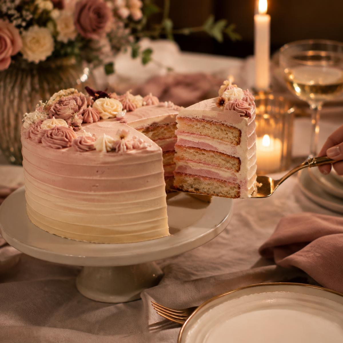 A slice lifted from a blush celebration cake