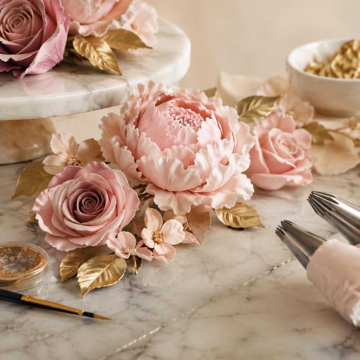 Handmade sugar flowers and gold leaves