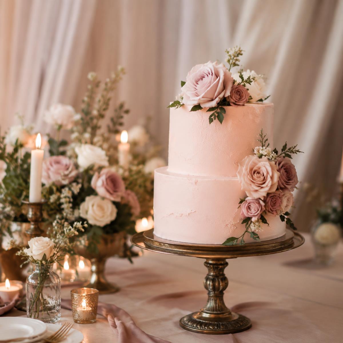 Blush two-tier wedding cake at a reception
