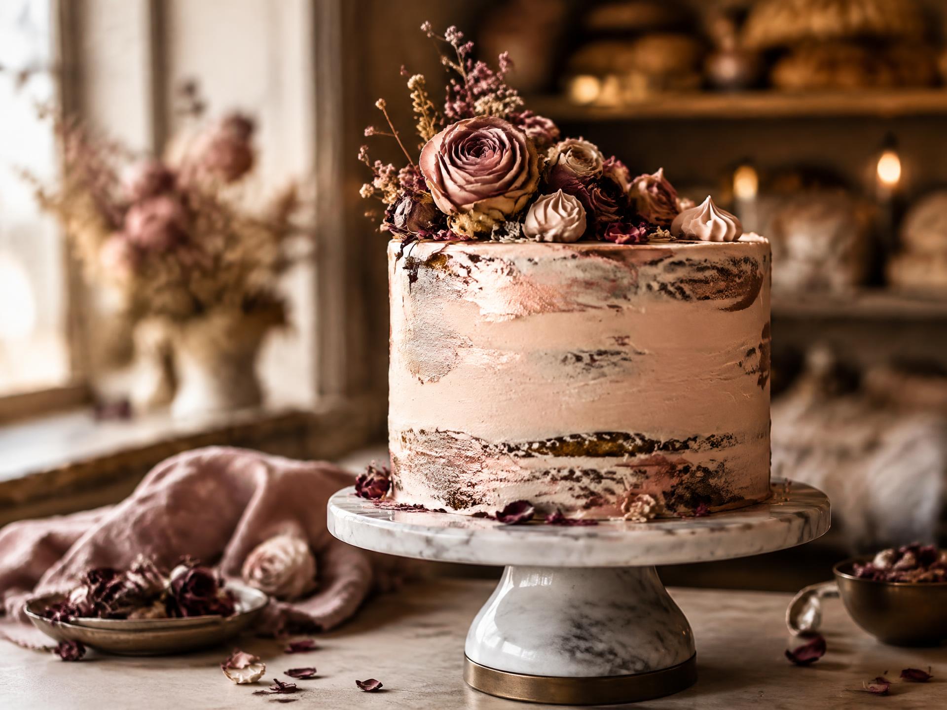 Handcrafted celebration cake with dried roses on a marble stand