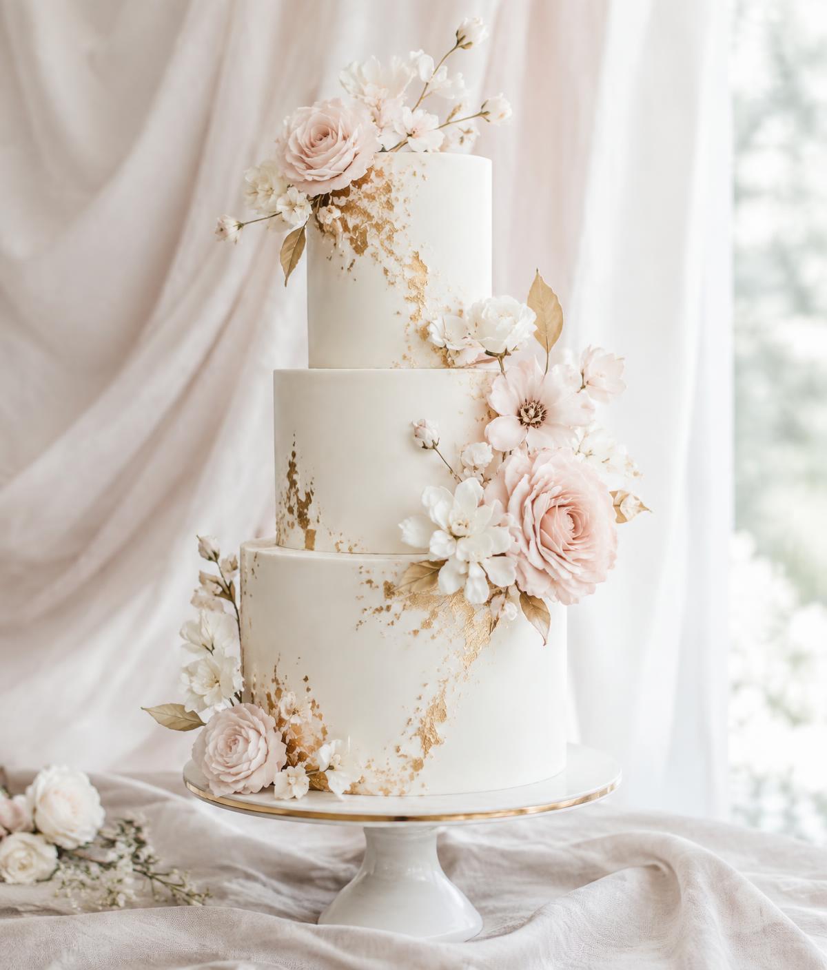 Three-tier white and gold wedding cake with sugar flowers